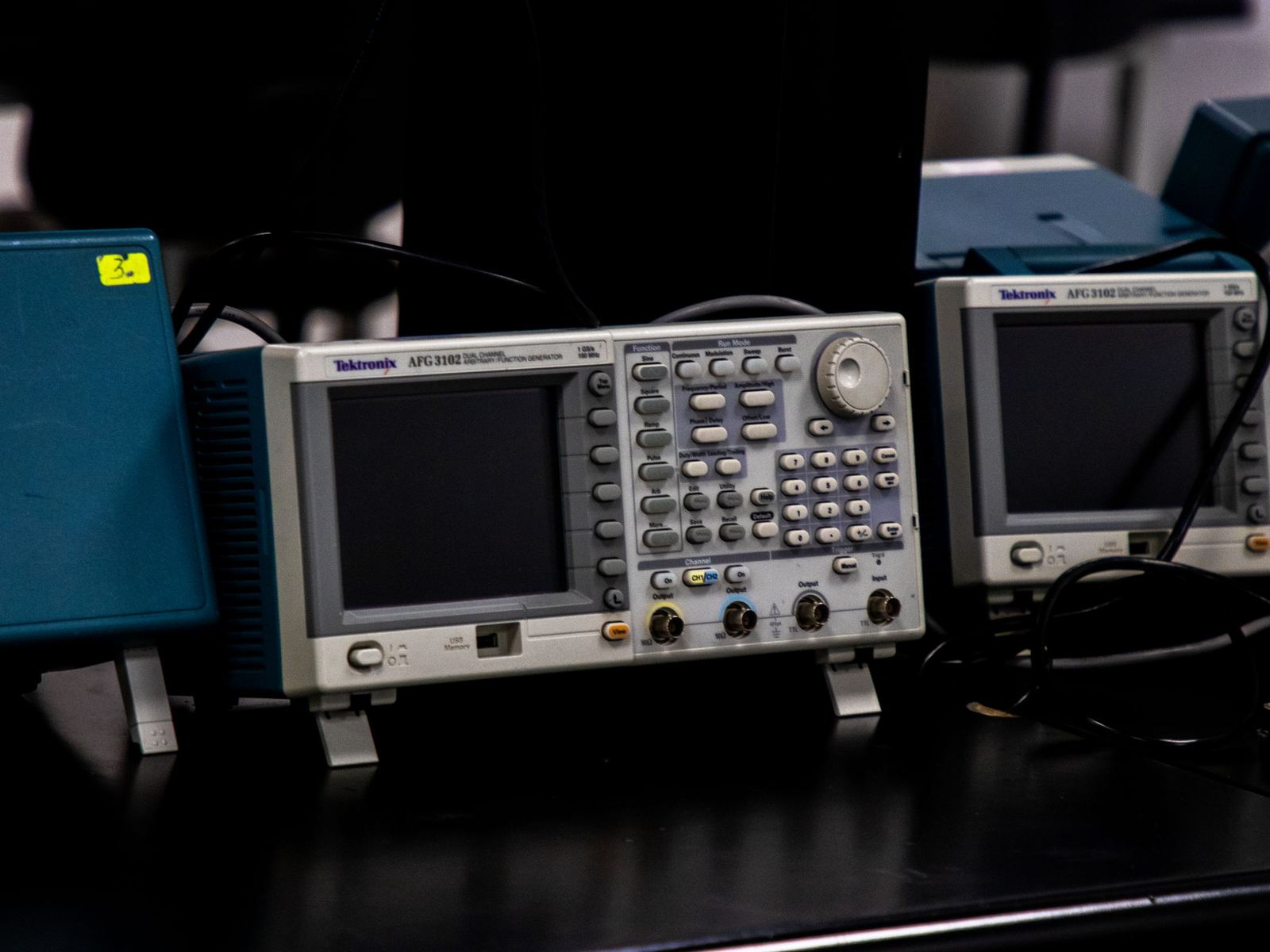 Electronic test and measurement equipment on a workbench