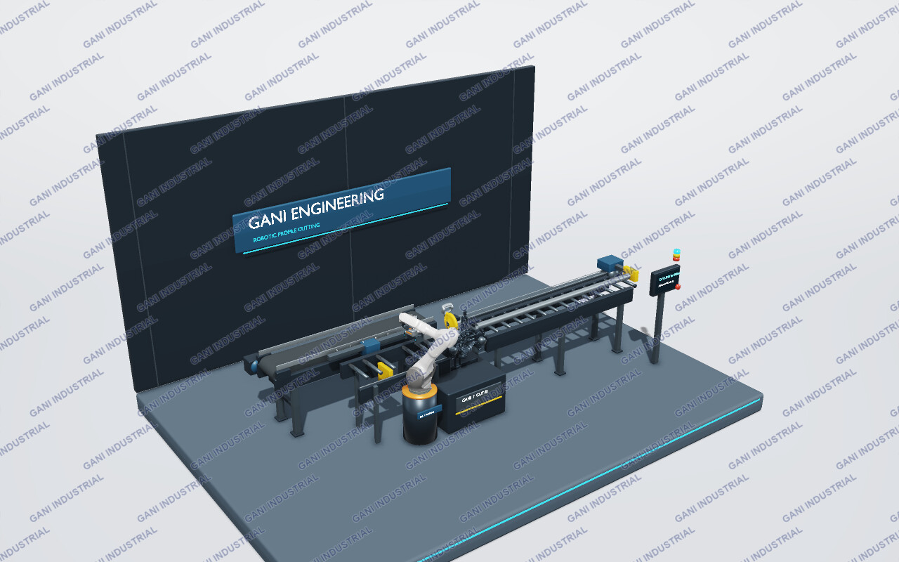 Célula robotizada de corte de perfiles — still from the 3D model